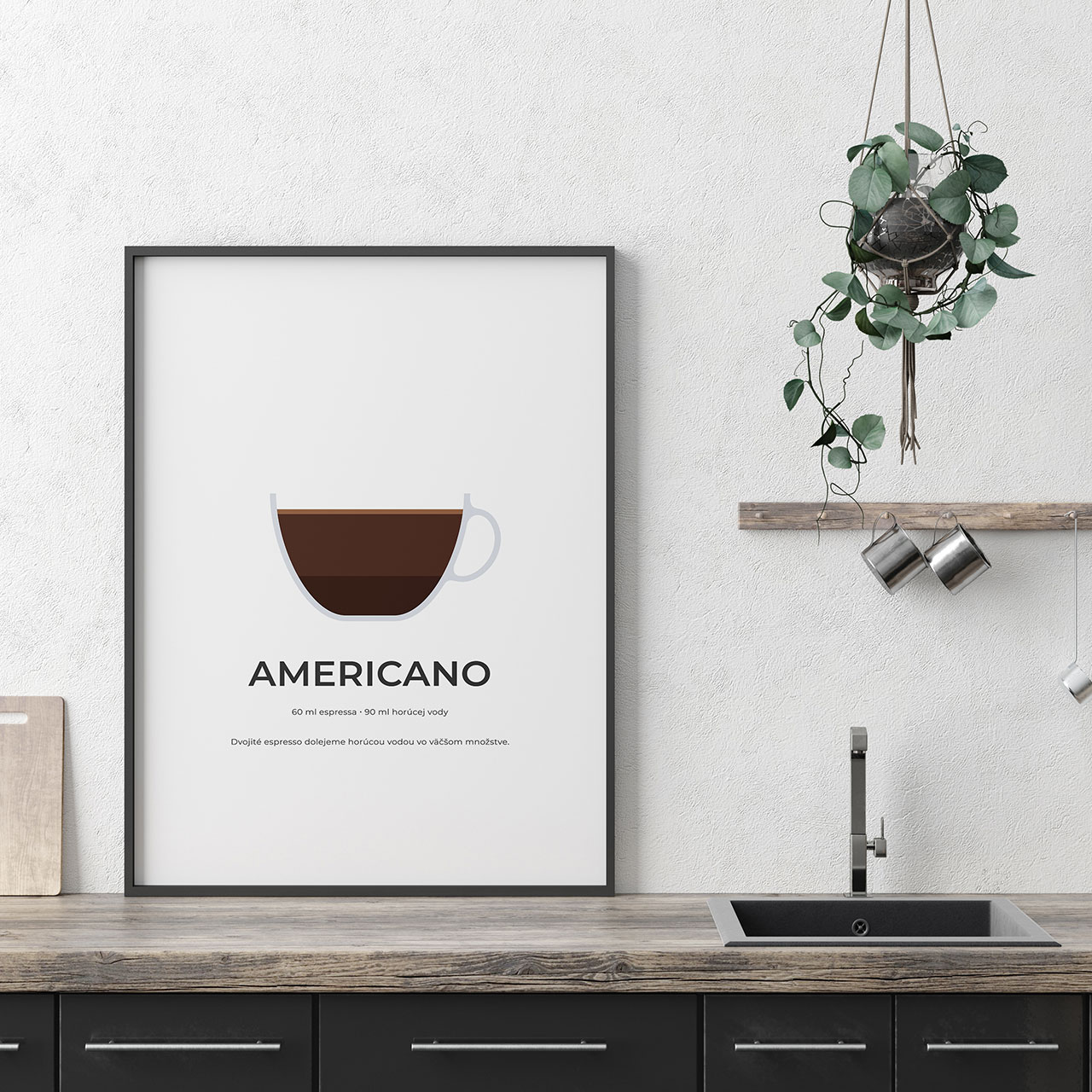 AMERICANO, minimalistický print biely