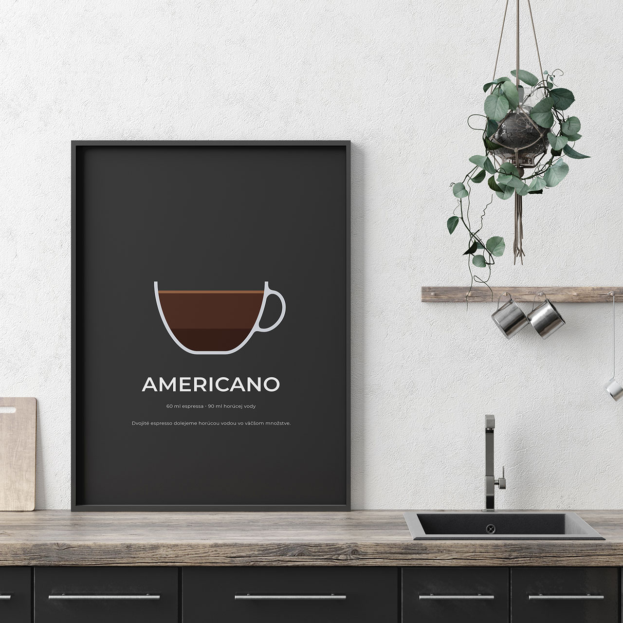 AMERICANO, minimalistický print čierny