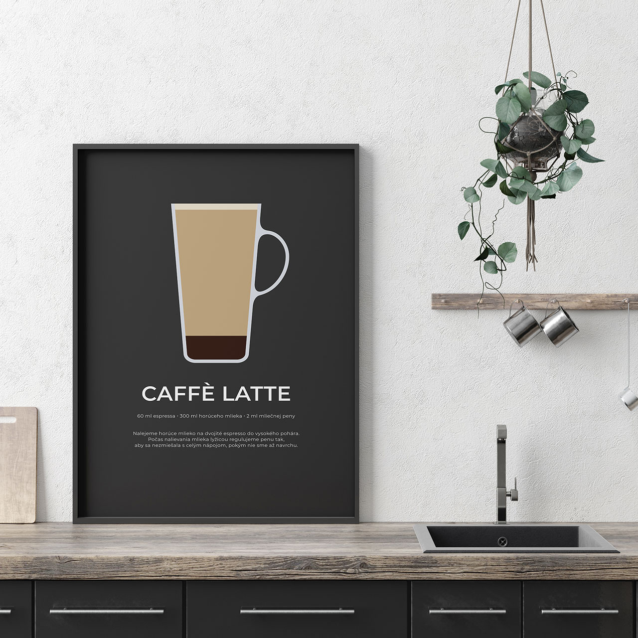 CAFFÉ LATTE, minimalistický print čierny